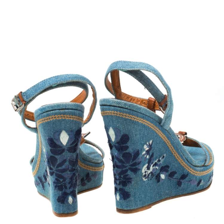 Pre Owned Dior Blue Denim Embroidered Ankle Wrap Wedge Platform Sandals Size 36.5