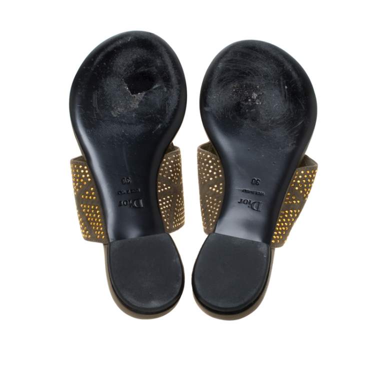 Pre Owned Dior Military Green Embellished Suede Flat Sandals Size 38