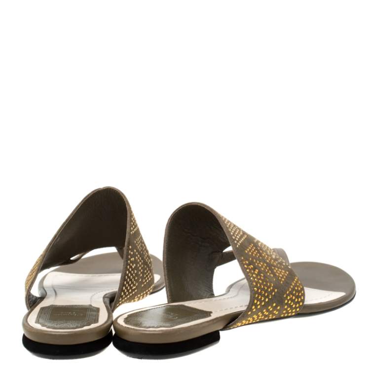 Pre Owned Dior Military Green Embellished Suede Flat Sandals Size 38