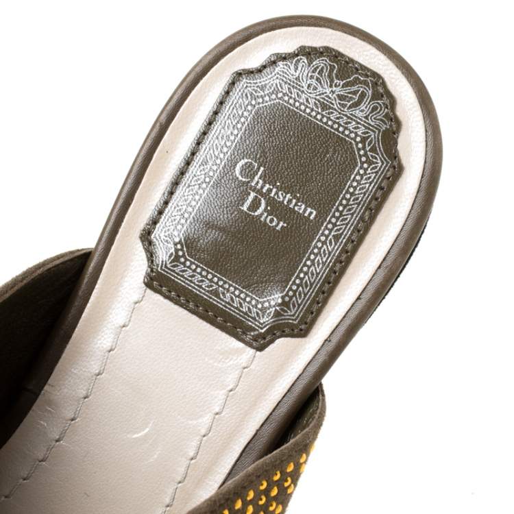 Pre Owned Dior Military Green Embellished Suede Flat Sandals Size 38