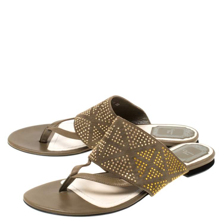 Pre Owned Dior Military Green Embellished Suede Flat Sandals Size 38