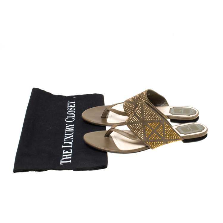 Pre Owned Dior Military Green Embellished Suede Flat Sandals Size 38