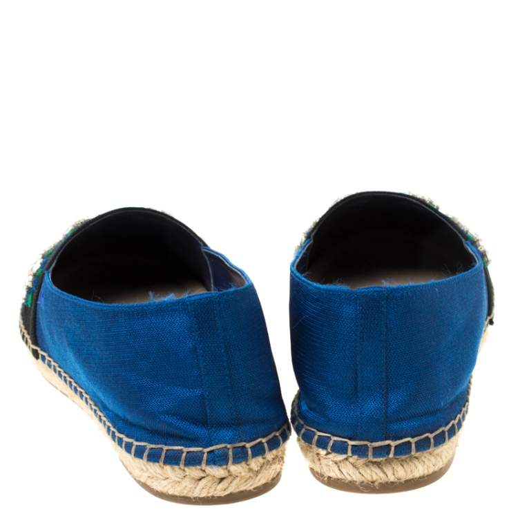 Pre Owned Dior Blue/Black Crystal Embellished Fabric Riviera Espadrille Loafers Size 37.5