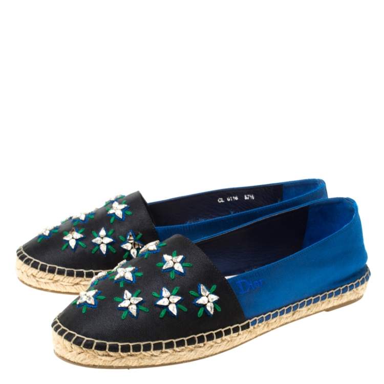 Pre Owned Dior Blue/Black Crystal Embellished Fabric Riviera Espadrille Loafers Size 37.5