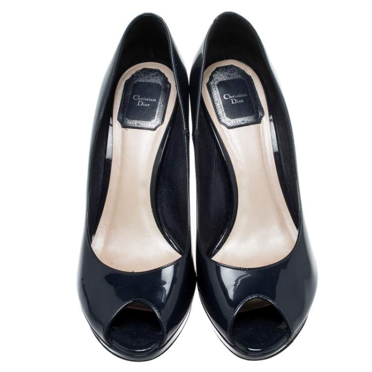 Pre Owned Christian Dior Navy Blue Patent Leather Miss Dior Peep Toe Pumps Size 39