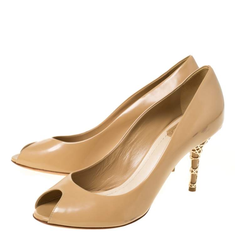 Pre Owned Dior Beige Leather Cannage Heel Peep Toe Pumps Size 38
