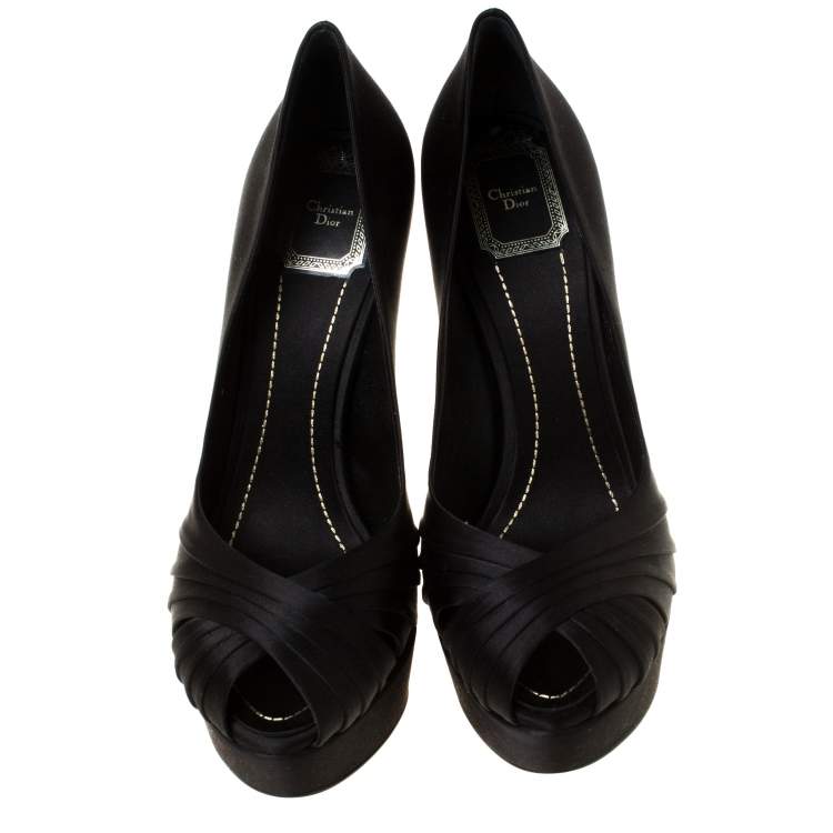 Pre Owned Dior Black Pleated Satin Criss Cross Platform Pumps Size 39.5