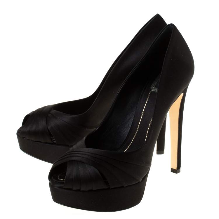 Pre Owned Dior Black Pleated Satin Criss Cross Platform Pumps Size 39.5