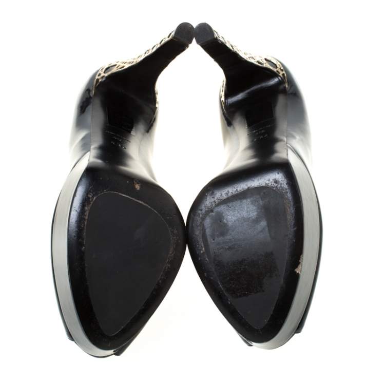 Pre Owned Dior Navy Blue Patent Leather Peep Toe Cannage Heel Platform Pumps Size 41.5