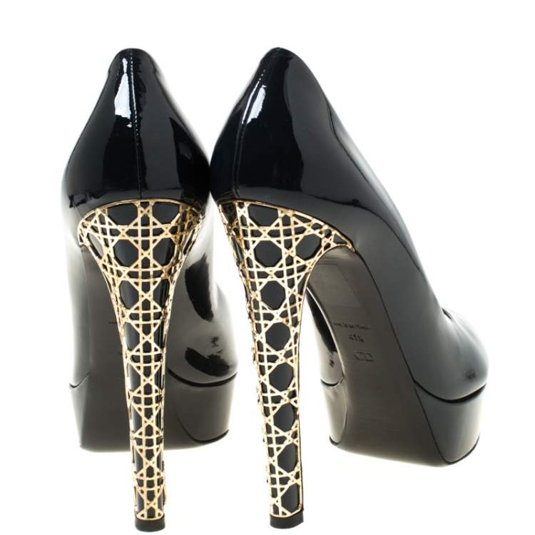 Pre Owned Dior Navy Blue Patent Leather Peep Toe Cannage Heel Platform Pumps Size 41.5