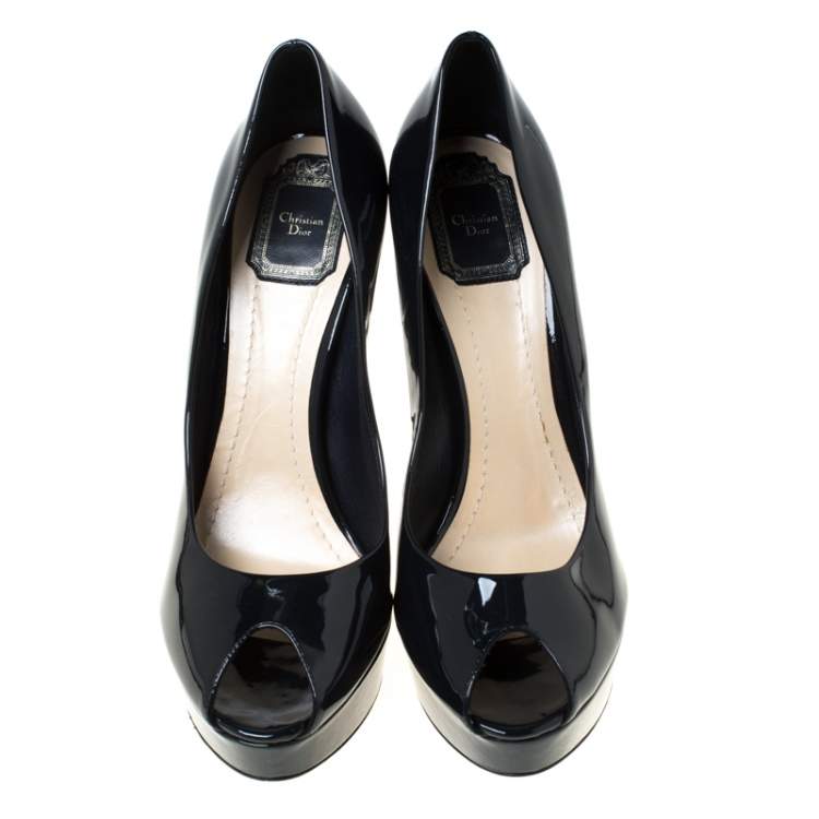 Pre Owned Dior Navy Blue Patent Leather Peep Toe Cannage Heel Platform Pumps Size 41.5