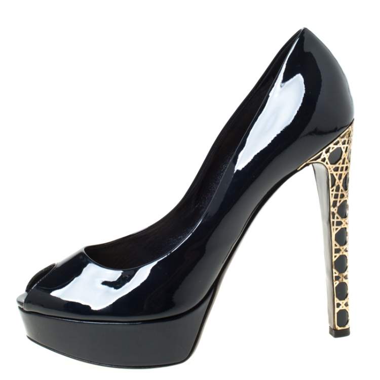 Pre Owned Dior Navy Blue Patent Leather Peep Toe Cannage Heel Platform Pumps Size 41.5