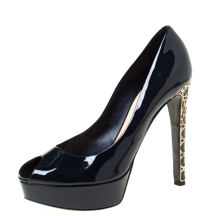 Pre Owned Dior Navy Blue Patent Leather Peep Toe Cannage Heel Platform Pumps Size 41.5