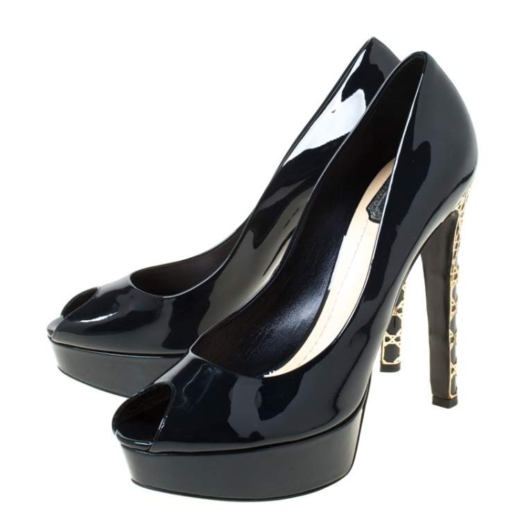 Pre Owned Dior Navy Blue Patent Leather Peep Toe Cannage Heel Platform Pumps Size 41.5