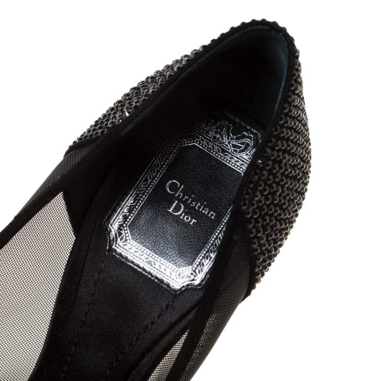 Pre Owned Dior Black Crystal Embellished Satin and Mesh Peep Toe Pumps Size 36.5