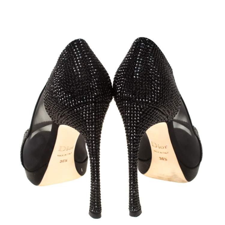 Pre Owned Dior Black Crystal Embellished Satin and Mesh Peep Toe Pumps Size 36.5