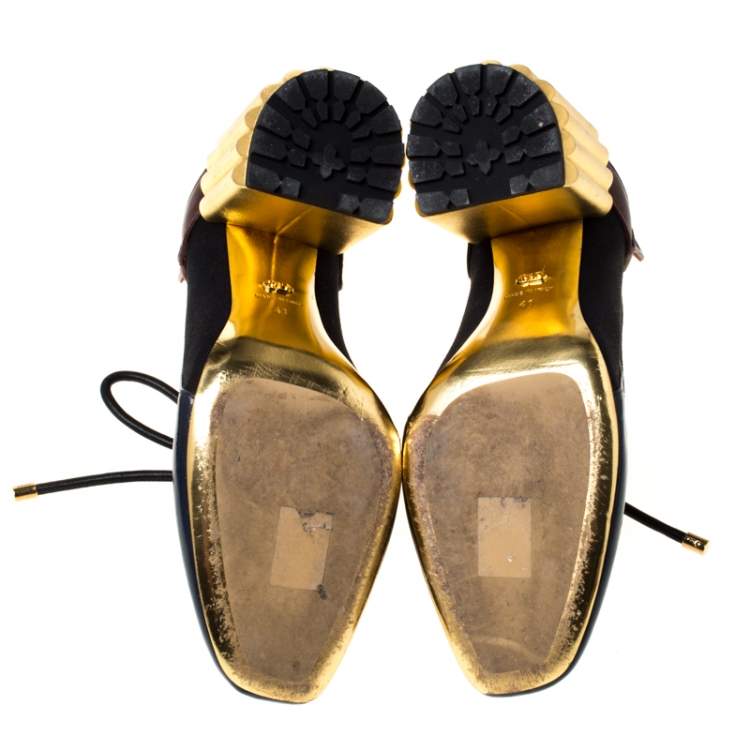 Pre Owned Dior Tricolor Patent Leather And Canvas Lace Up Block Heel Pumps Size 41 