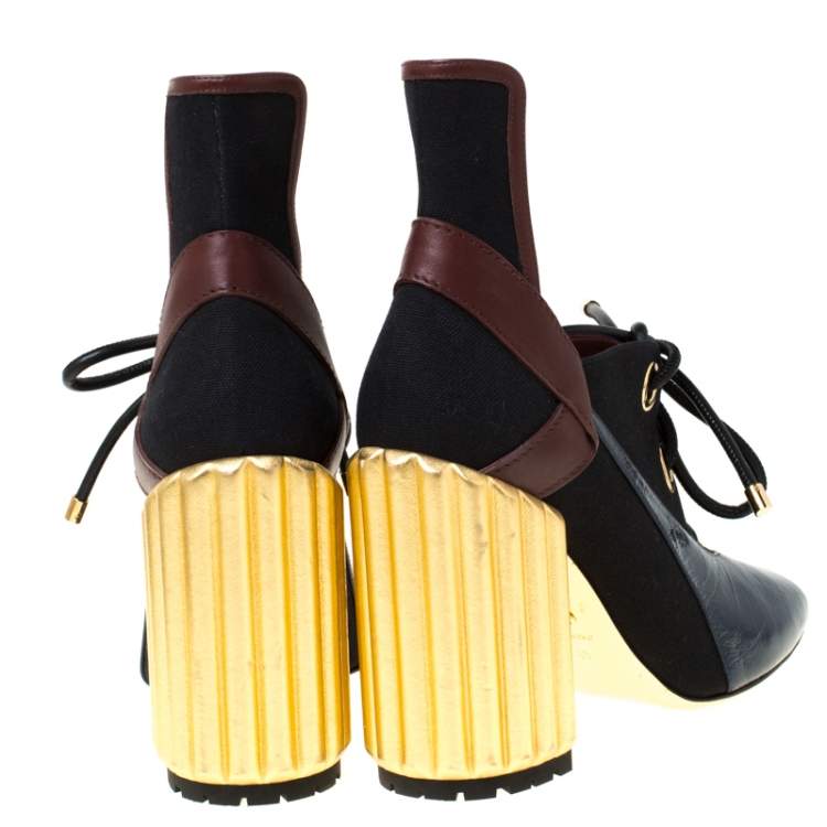 Pre Owned Dior Tricolor Patent Leather And Canvas Lace Up Block Heel Pumps Size 41 