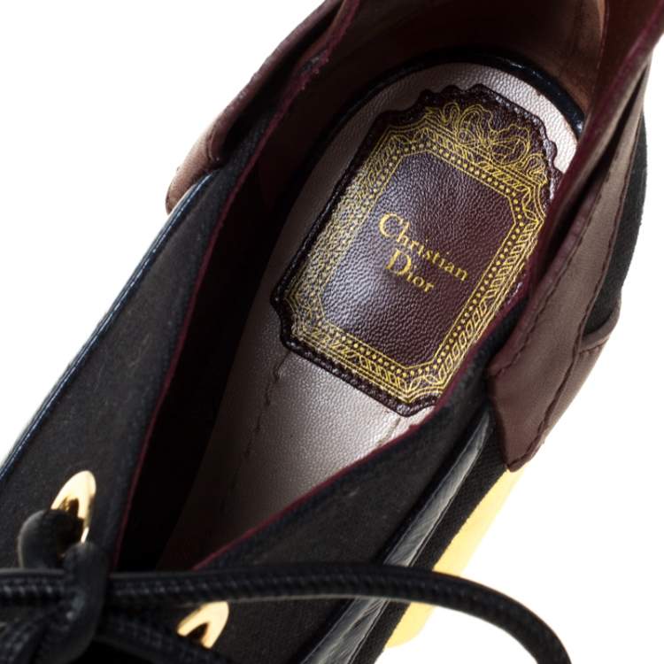 Pre Owned Dior Tricolor Patent Leather And Canvas Lace Up Block Heel Pumps Size 41 