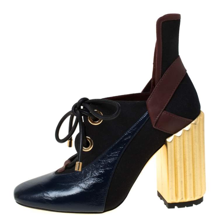 Pre Owned Dior Tricolor Patent Leather And Canvas Lace Up Block Heel Pumps Size 41 