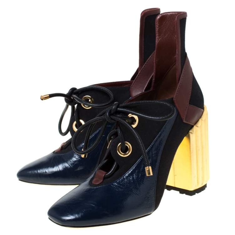 Pre Owned Dior Tricolor Patent Leather And Canvas Lace Up Block Heel Pumps Size 41 