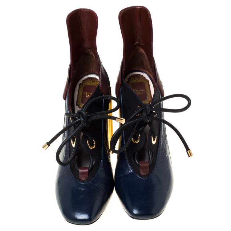 Pre Owned Dior Tricolor Patent Leather And Canvas Lace Up Block Heel Pumps Size 41 