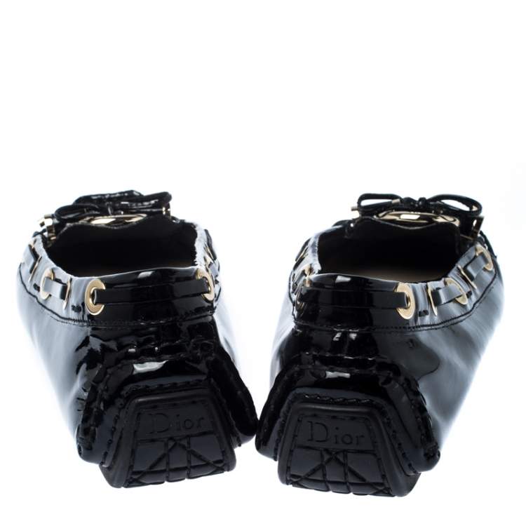 Pre Owned Dior Black Patent Leather Metal Twist Moccasins Size 37