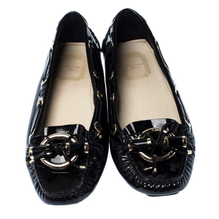 Pre Owned Dior Black Patent Leather Metal Twist Moccasins Size 37