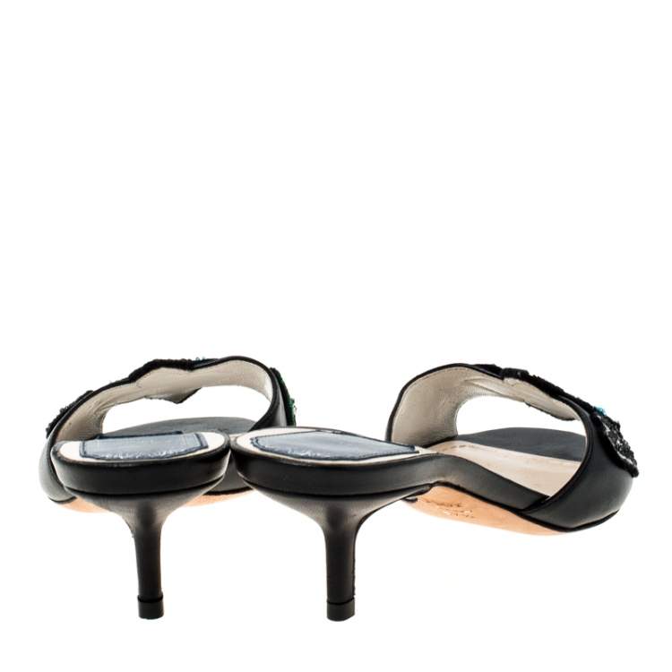 Pre Owned Dior Black Leather Sequin Flower Embellished Slides Size 37.5