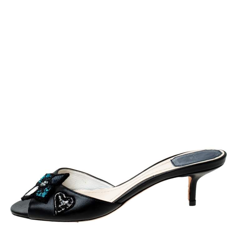 Pre Owned Dior Black Leather Sequin Flower Embellished Slides Size 37.5