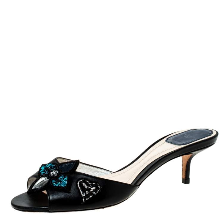 Pre Owned Dior Black Leather Sequin Flower Embellished Slides Size 37.5