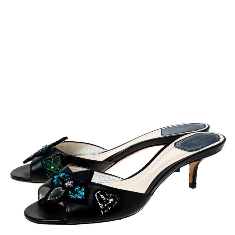 Pre Owned Dior Black Leather Sequin Flower Embellished Slides Size 37.5