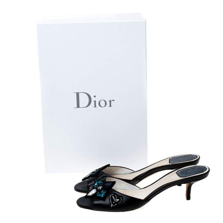 Pre Owned Dior Black Leather Sequin Flower Embellished Slides Size 37.5