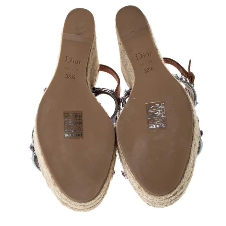 Pre Owned Dior Brown/Blue Flower Embellished Wedge Platform Espadrille Sandals Size 38.5