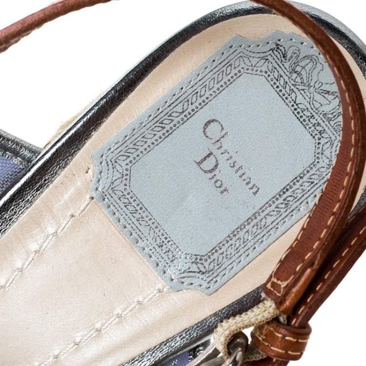 Pre Owned Dior Brown/Blue Flower Embellished Wedge Platform Espadrille Sandals Size 38.5