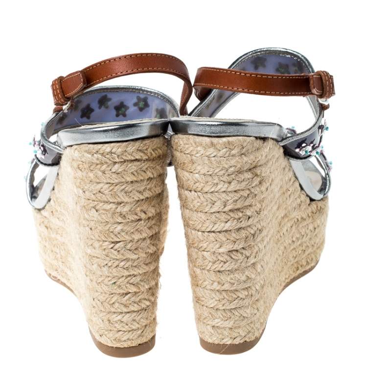 Pre Owned Dior Brown/Blue Flower Embellished Wedge Platform Espadrille Sandals Size 38.5