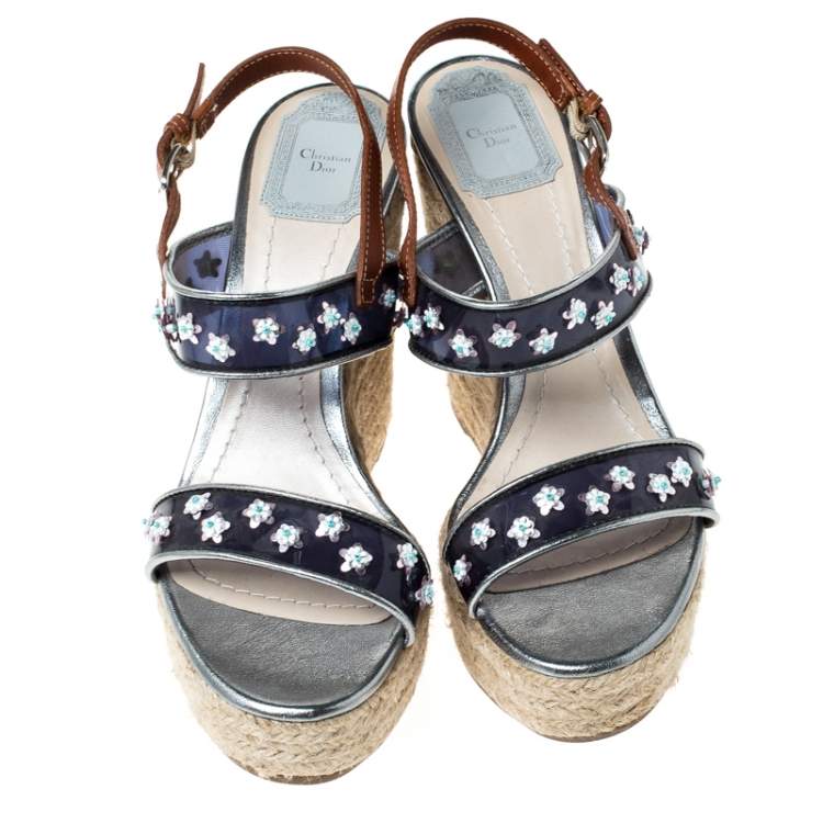 Pre Owned Dior Brown/Blue Flower Embellished Wedge Platform Espadrille Sandals Size 38.5