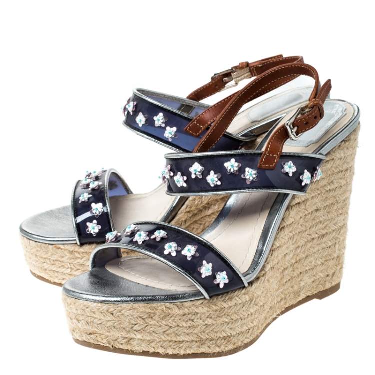 Pre Owned Dior Brown/Blue Flower Embellished Wedge Platform Espadrille Sandals Size 38.5