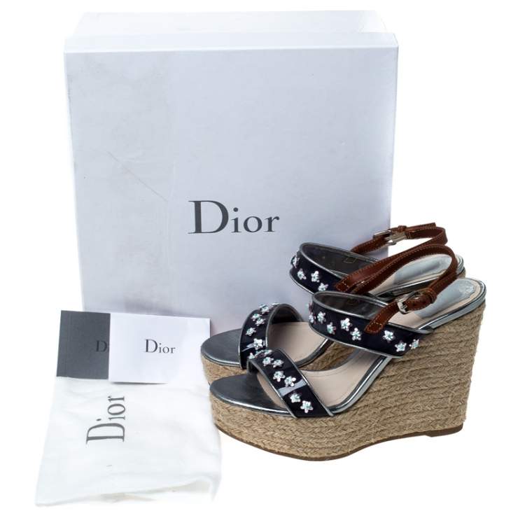 Pre Owned Dior Brown/Blue Flower Embellished Wedge Platform Espadrille Sandals Size 38.5