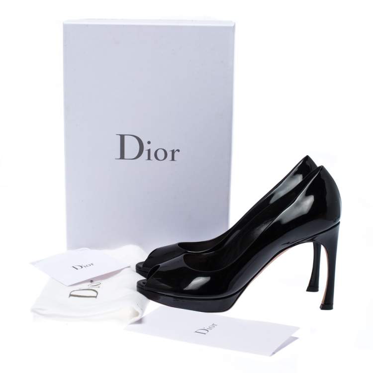 Pre Owned Christian Dior Black Patent Leather Diorella Peep Toe Pumps Size 38