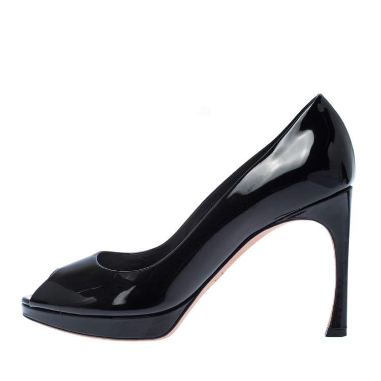 Pre Owned Christian Dior Black Patent Leather Diorella Peep Toe Pumps Size 38
