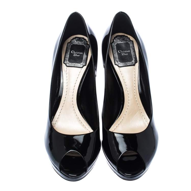 Pre Owned Christian Dior Black Patent Leather Diorella Peep Toe Pumps Size 38