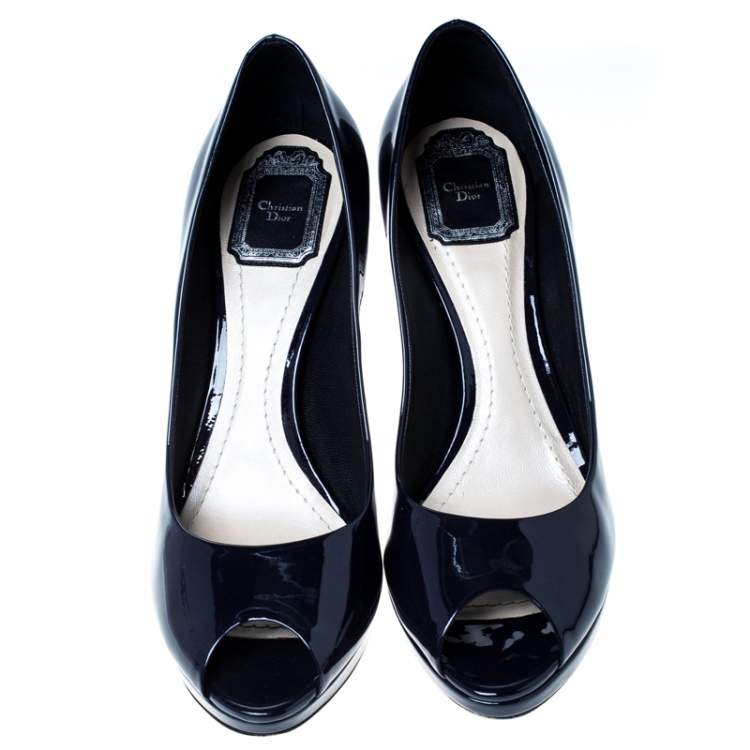 Pre Owned Dior Navy Blue Patent Leather Diorella Peep Toe Pumps Size 40