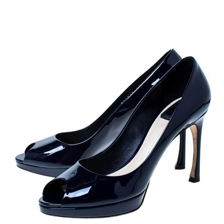 Pre Owned Dior Navy Blue Patent Leather Diorella Peep Toe Pumps Size 40