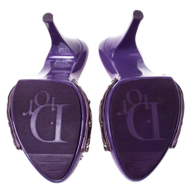 Pre Owned Dior Purple Patent Leather Bow Open Toe Sandals Size 36