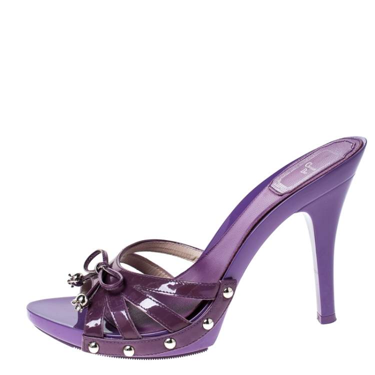 Pre Owned Dior Purple Patent Leather Bow Open Toe Sandals Size 36