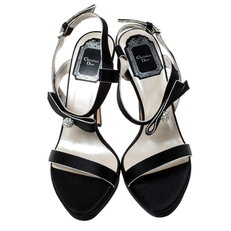 Pre Owned Dior Black Satin Embellished Platform Ankle Strap Sandal Size 35