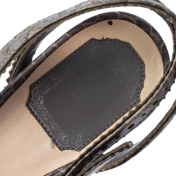 Pre Owned Dior Grey Crocodile Bonnie Strappy Peep Toe Platform Sandals Size 38.5