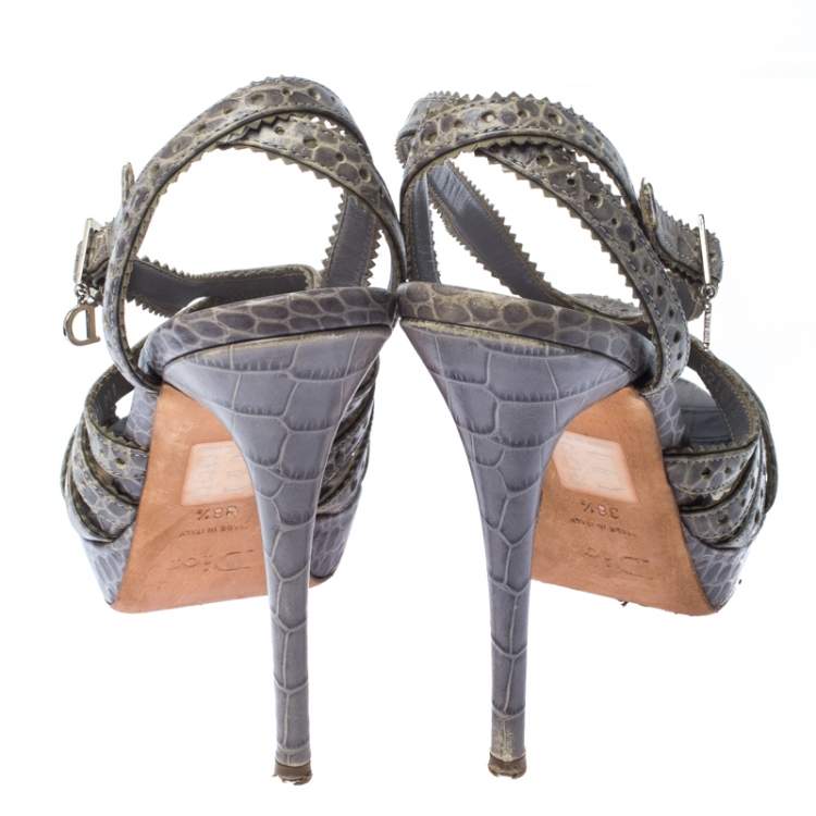 Pre Owned Dior Grey Crocodile Bonnie Strappy Peep Toe Platform Sandals Size 38.5