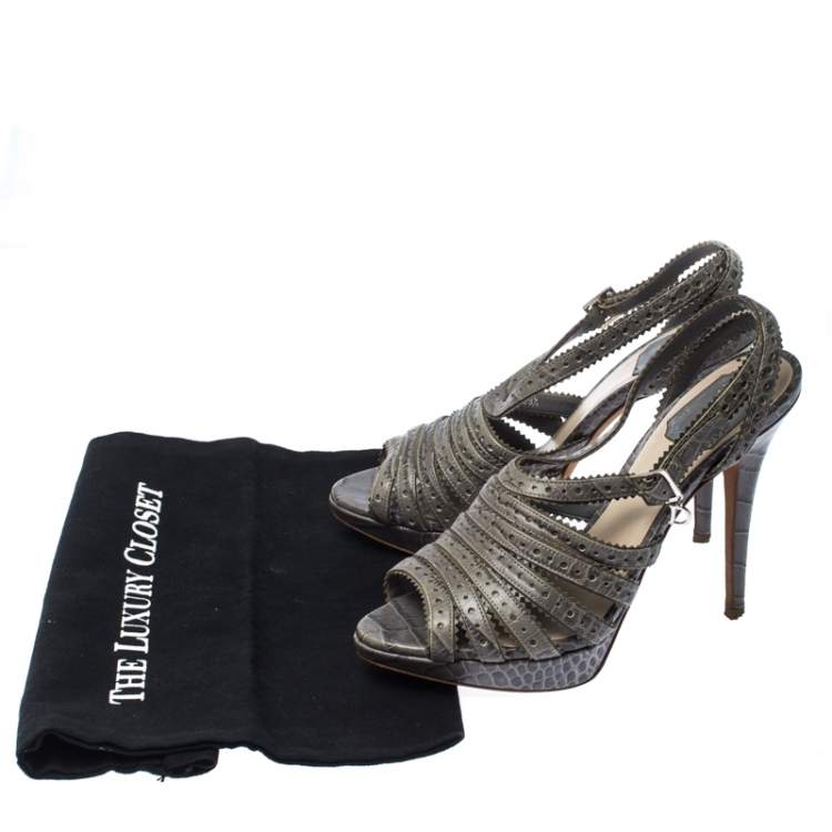 Pre Owned Dior Grey Crocodile Bonnie Strappy Peep Toe Platform Sandals Size 38.5